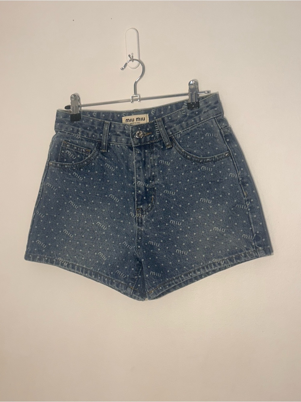 Miu Miu Denim Shorts with Subtle Logo Dot Print - Blue